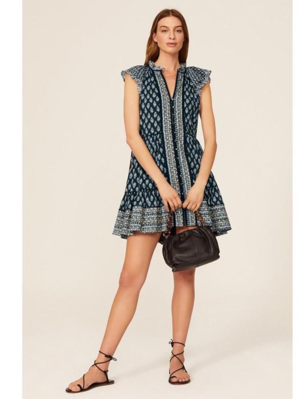 Veronica Beard Dress Amoura Mini Ruffle in Navy Blue Floral Paisley